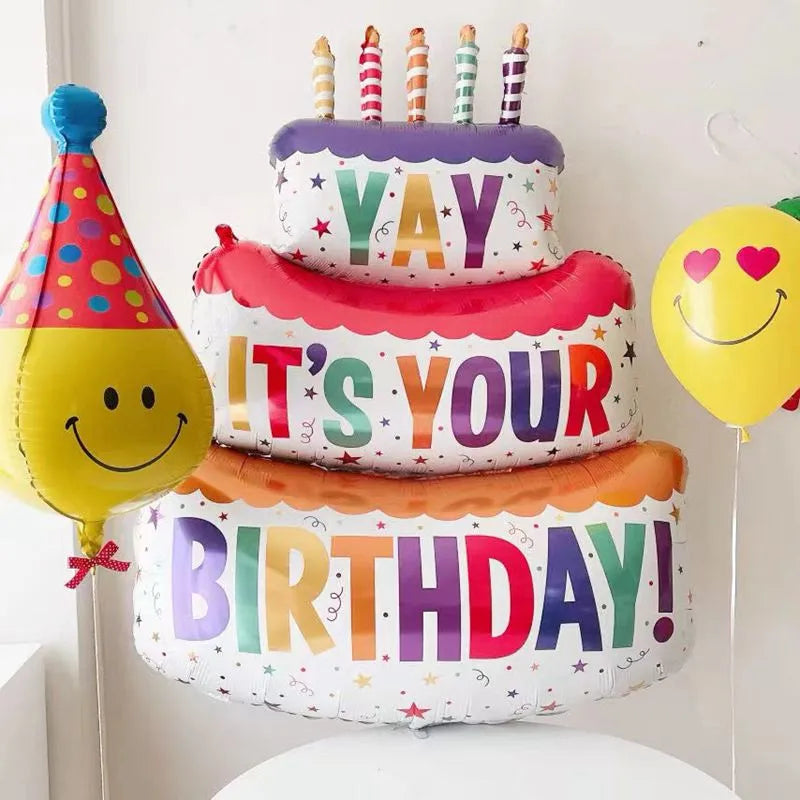 Large Birthday Three Layer Cake Candle Stripe Balloons